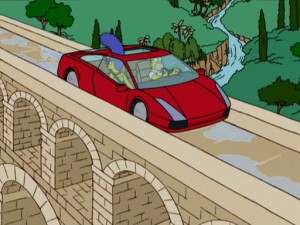 Homer conduciendo sobre un acueducto